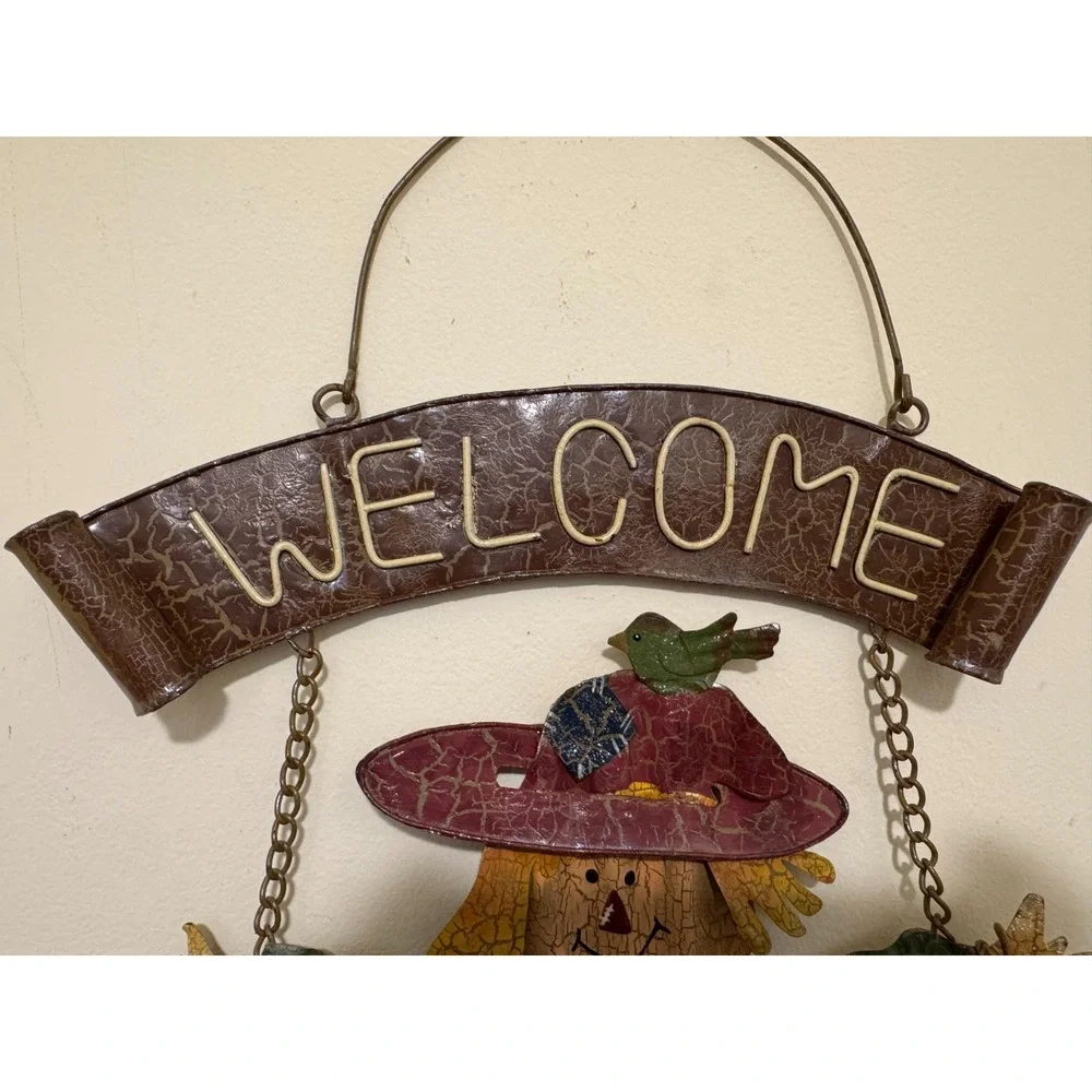 Vintage Metal Scarecrow Welcome Sign Autumn Fall Harvest Wall Hanging Decor